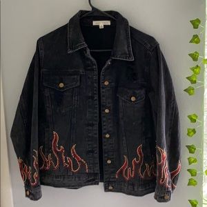 Black distressed denim flame jacket